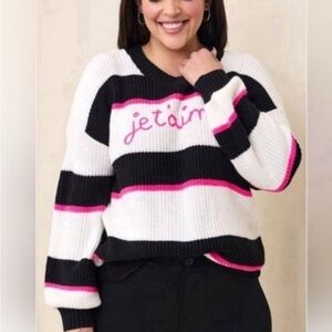 Torrid Je T'aime I Love You Pink/ Black/ White Striped Sweater - 4X - EUC